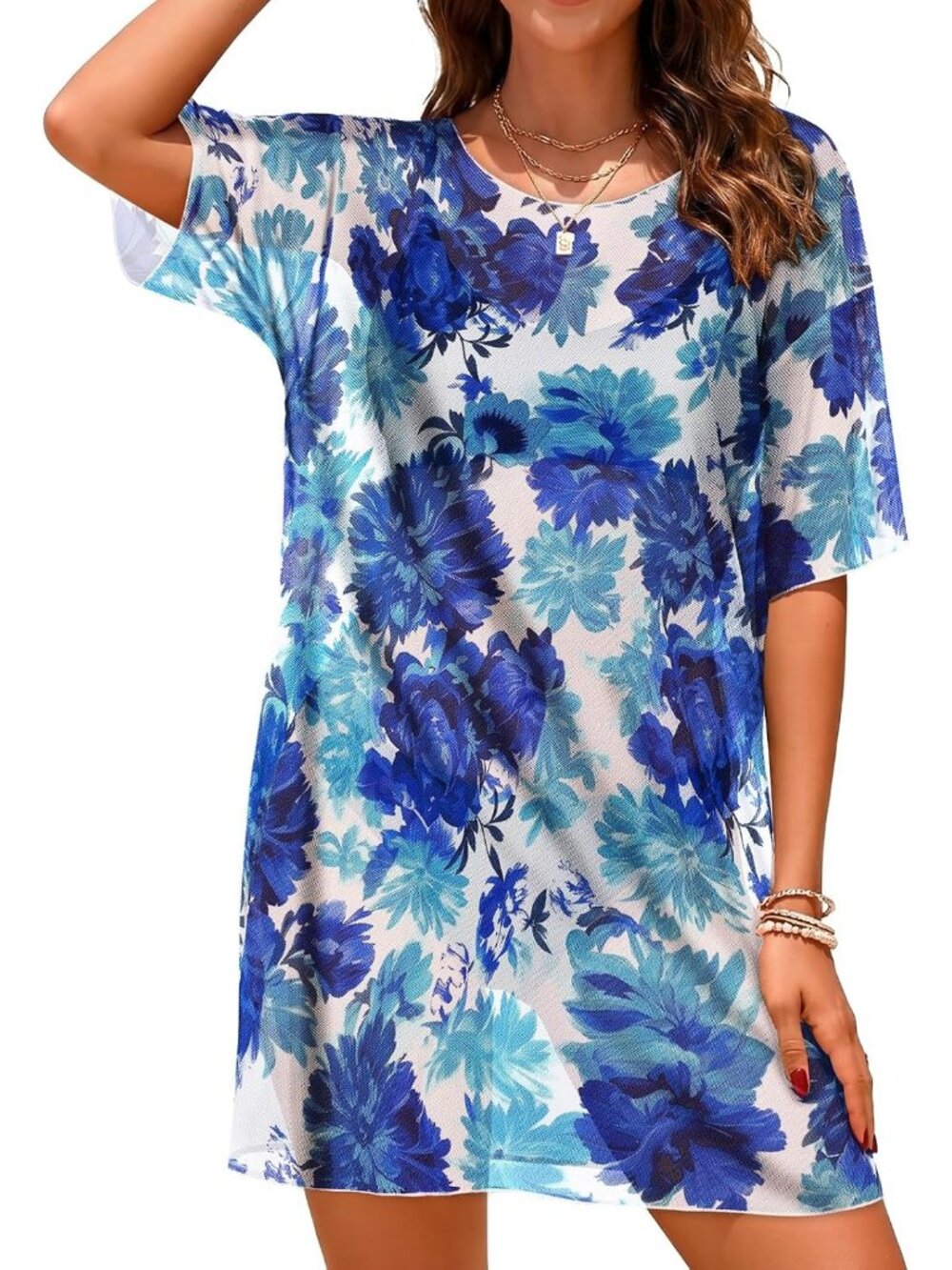 Women's Blue Green Round Neck Mesh Summer Sheer Stretch Short Sleeve Cover Up